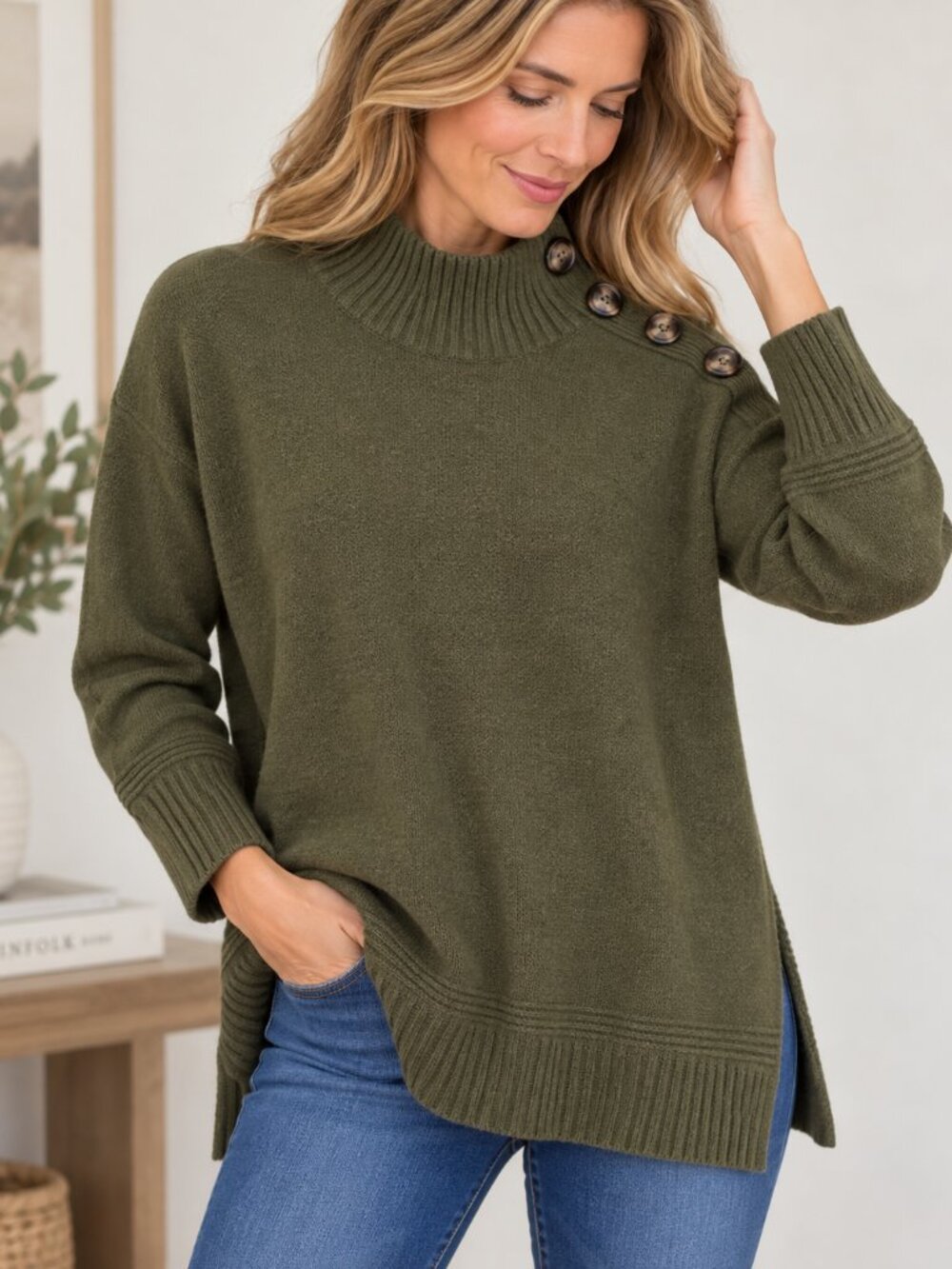 Anthropologie Margarita Sweater Womens M Olive Green Mock Neck Button Tunic 1471
